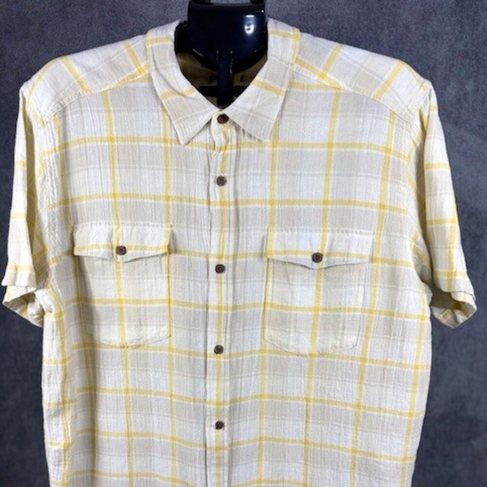 Patagonia Men's Yellow Plaid Seersucker Short Sleeve Button Down Shirt XL